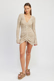 RUCHED CROCHET MINI DRESS