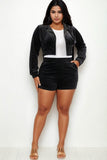 Plus Size Velour Crop Zip Up Hoodie and Shorts Set