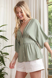 SS deep V neck button down top